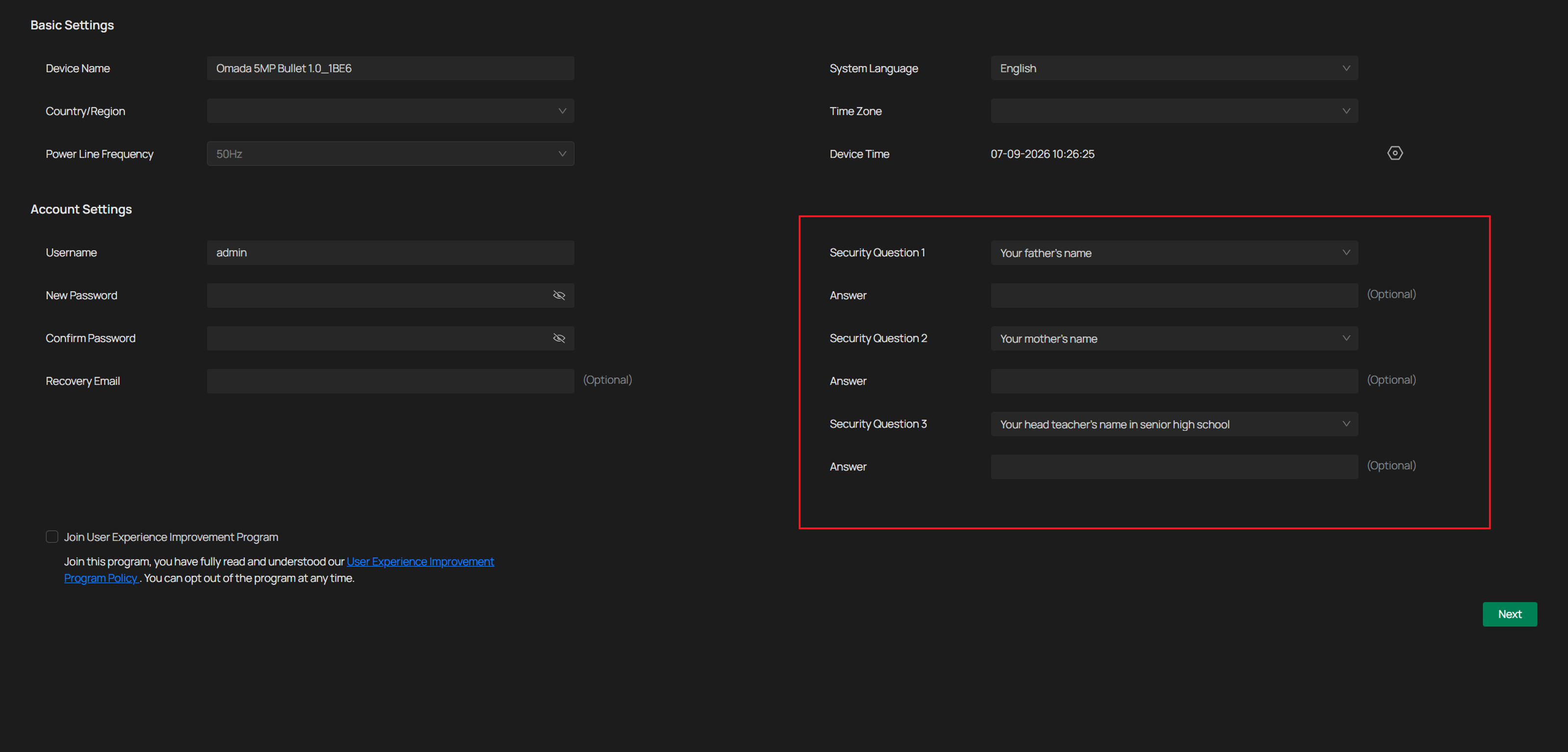 Location to set security questions.