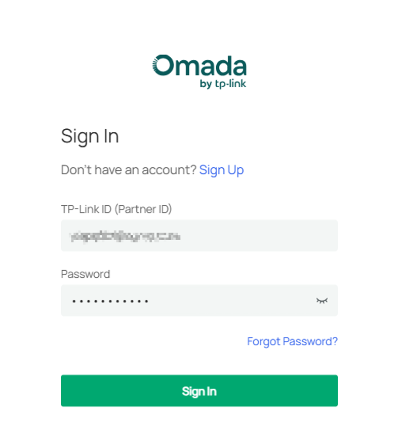 Omada Central sign-in page with TP-Link ID and Password fields.
