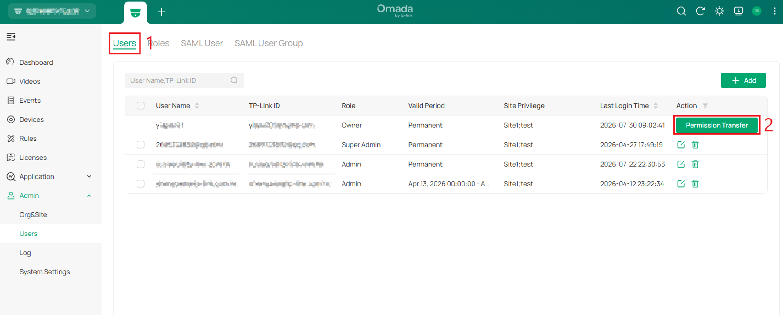 Omada Central Users page with Permission Transfer beside the Owner account.