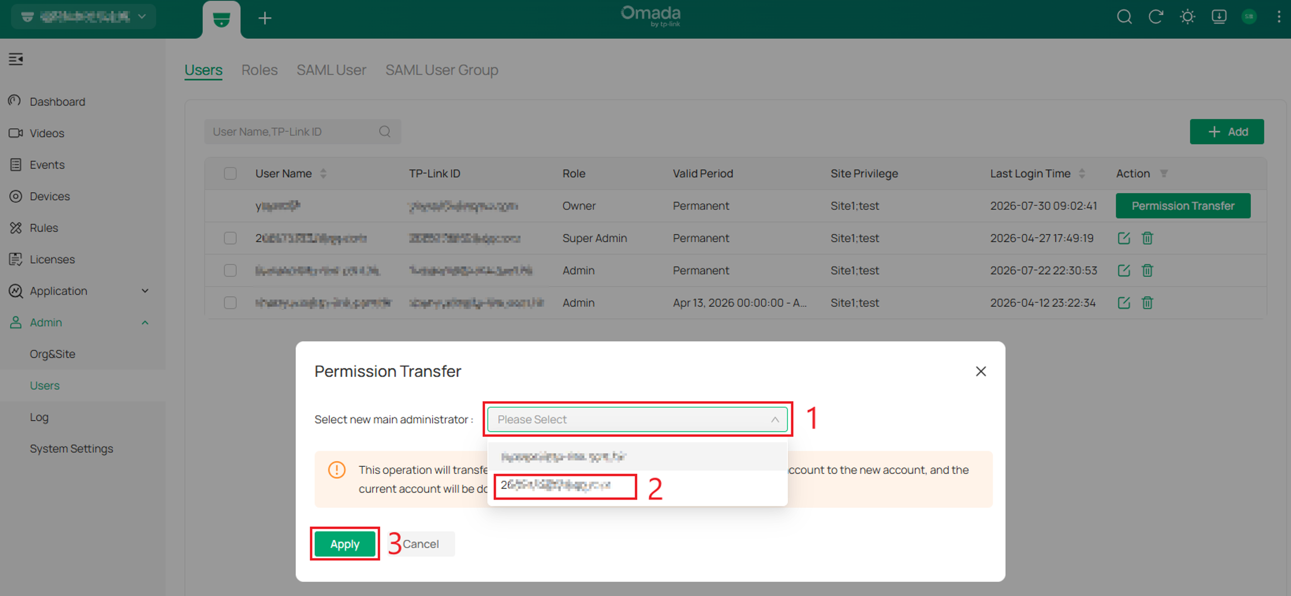Permission Transfer window with a new administrator selected.