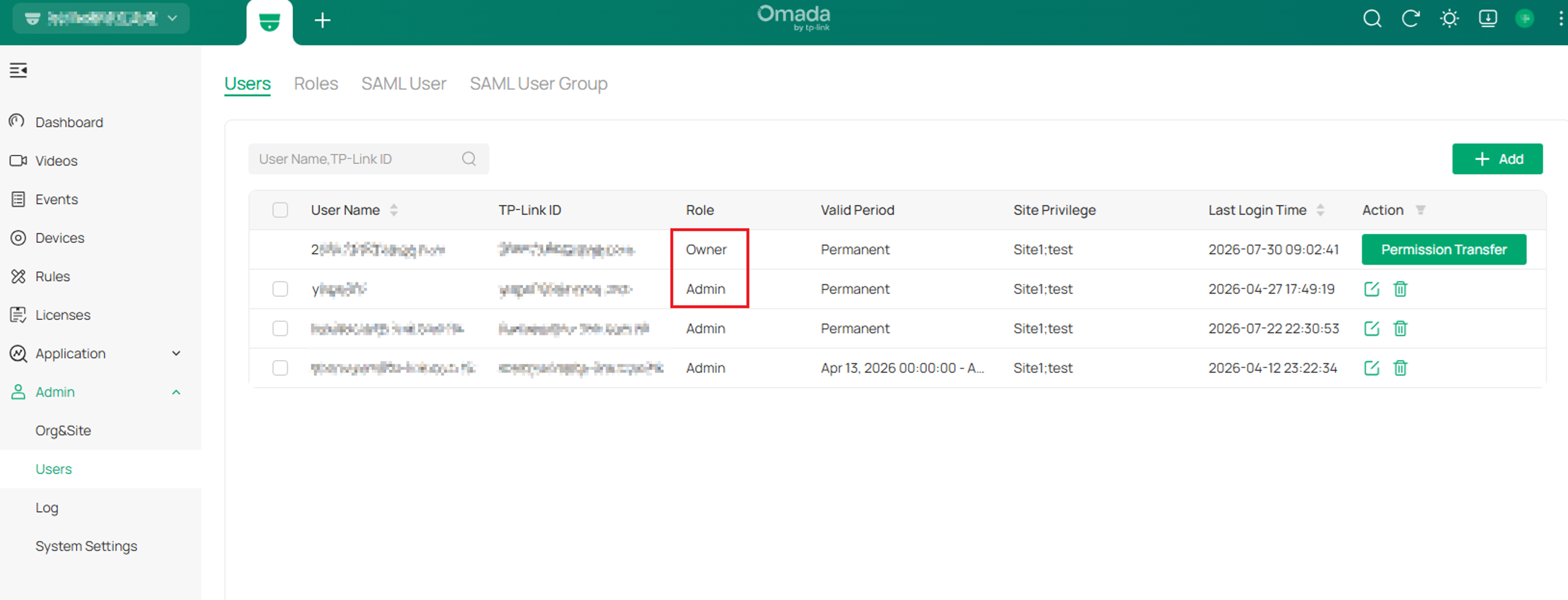 Omada Central Users page showing the new Owner and previous Owner changed to Admin.