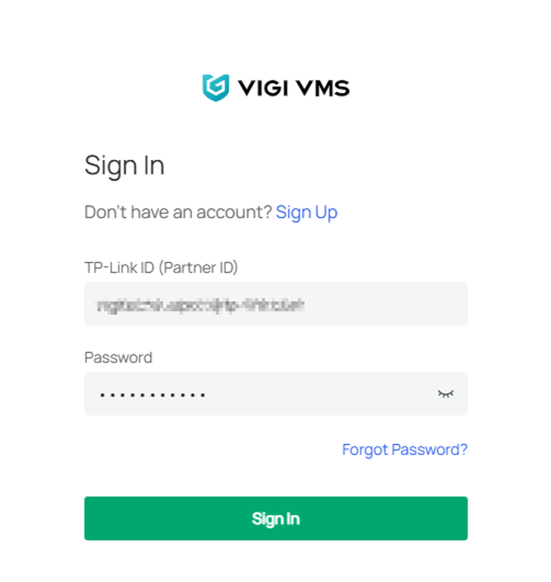VIGI Cloud VMS sign-in page with TP-Link ID and Password fields.