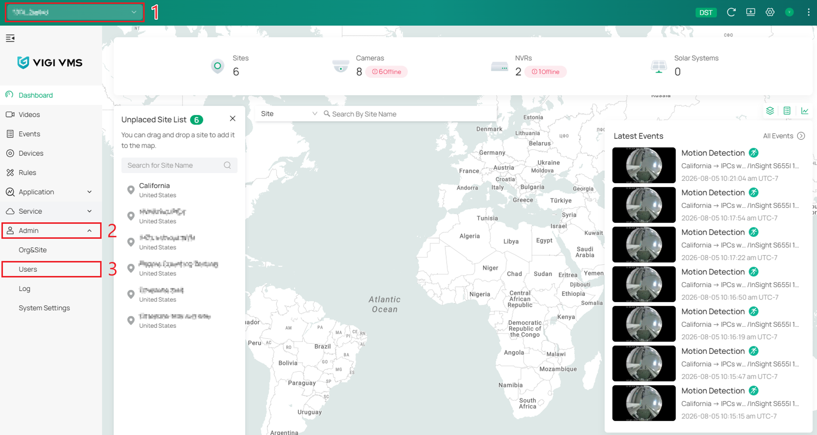 VIGI Cloud VMS menu with Users selected.