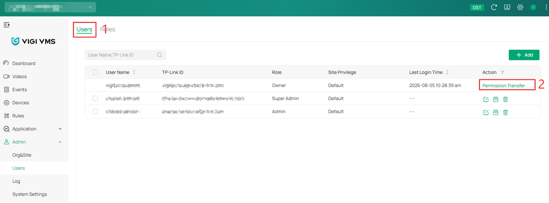 VIGI Cloud VMS page with Permission Transfer beside the Owner account.