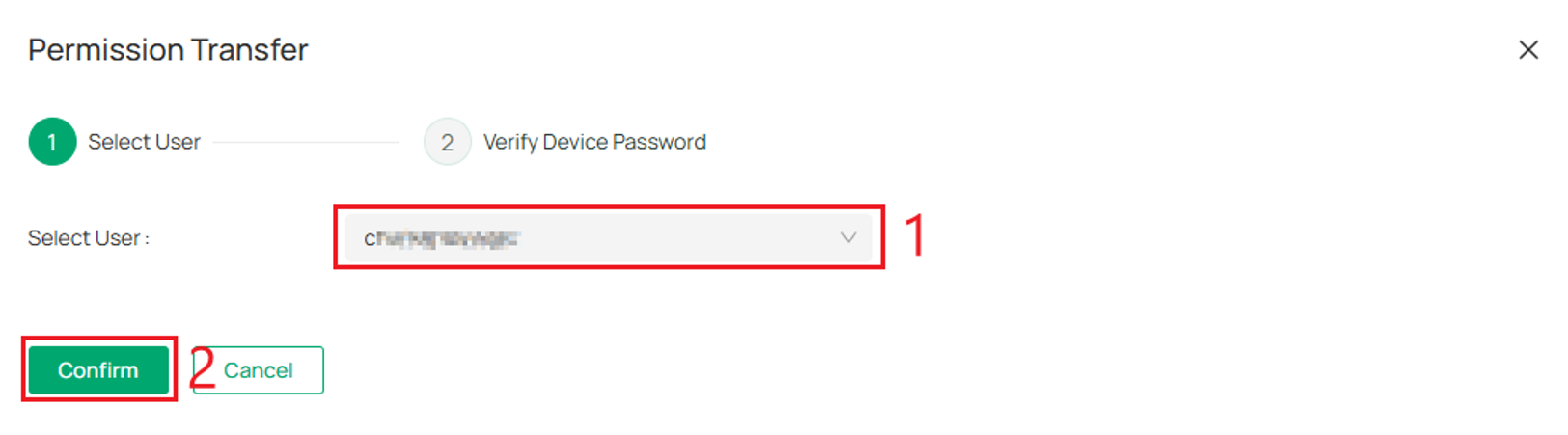 Permission Transfer window with a new administrator selected.
