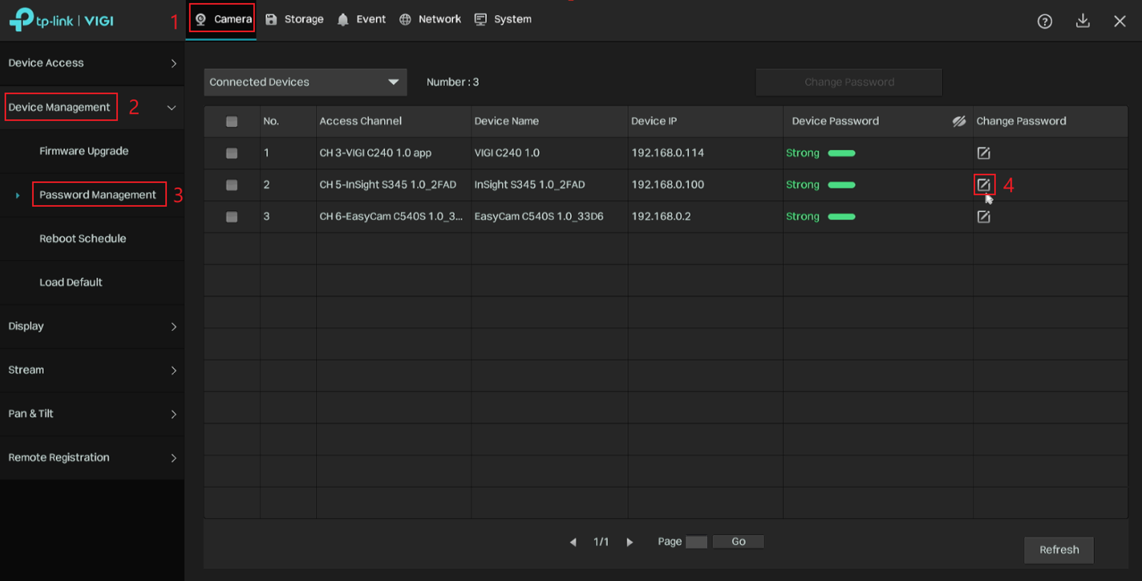 Navigate to Device Management to manage the password of the IPC