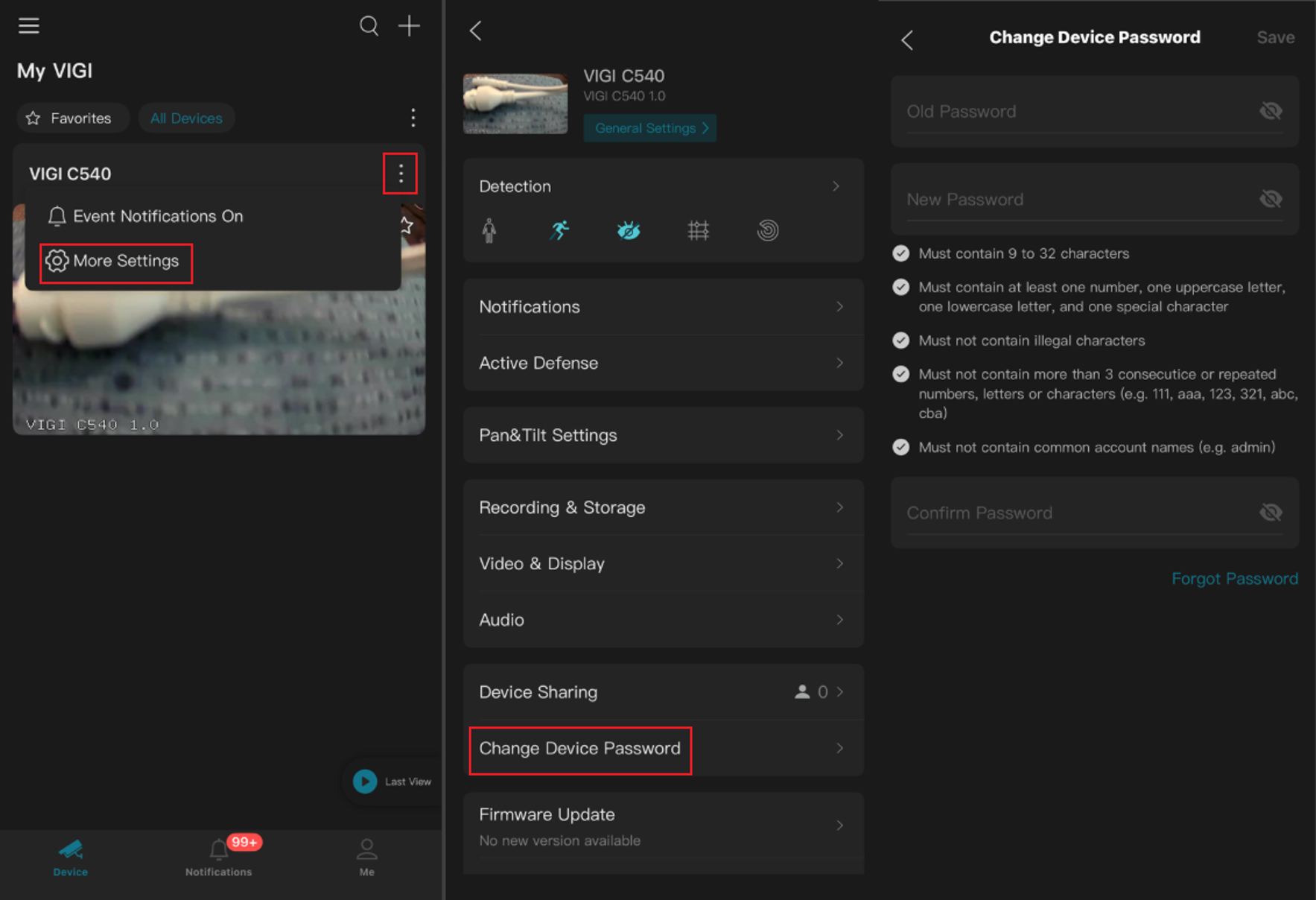 Changing the Device Password through the VIGI App