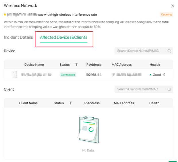 show the affected devices & clients page