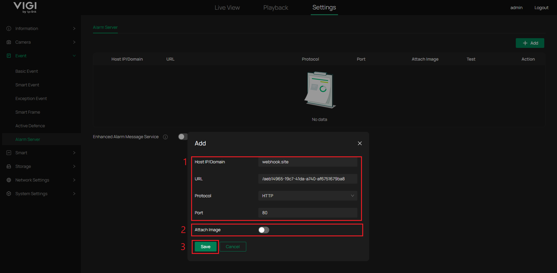 Enter the alarm server’s information.