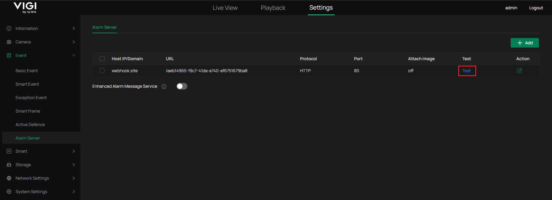 Click the “test” button to check the connection status.
