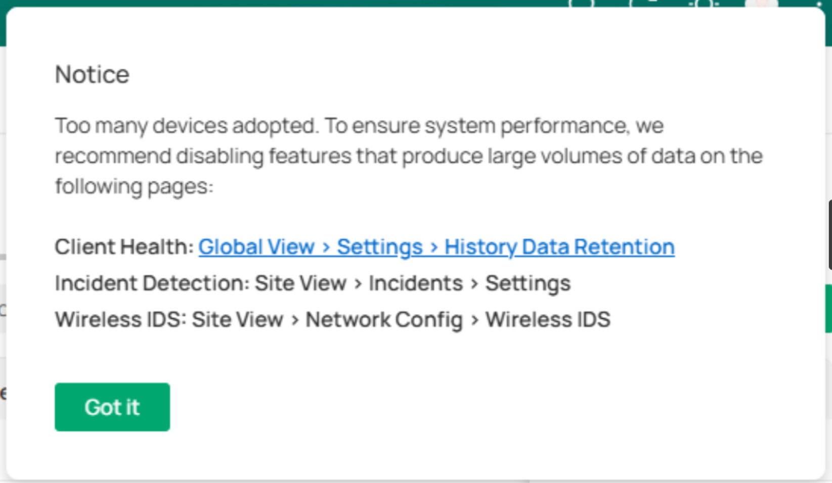 Controller pop-up windows showing a notice about excessive number of devices.