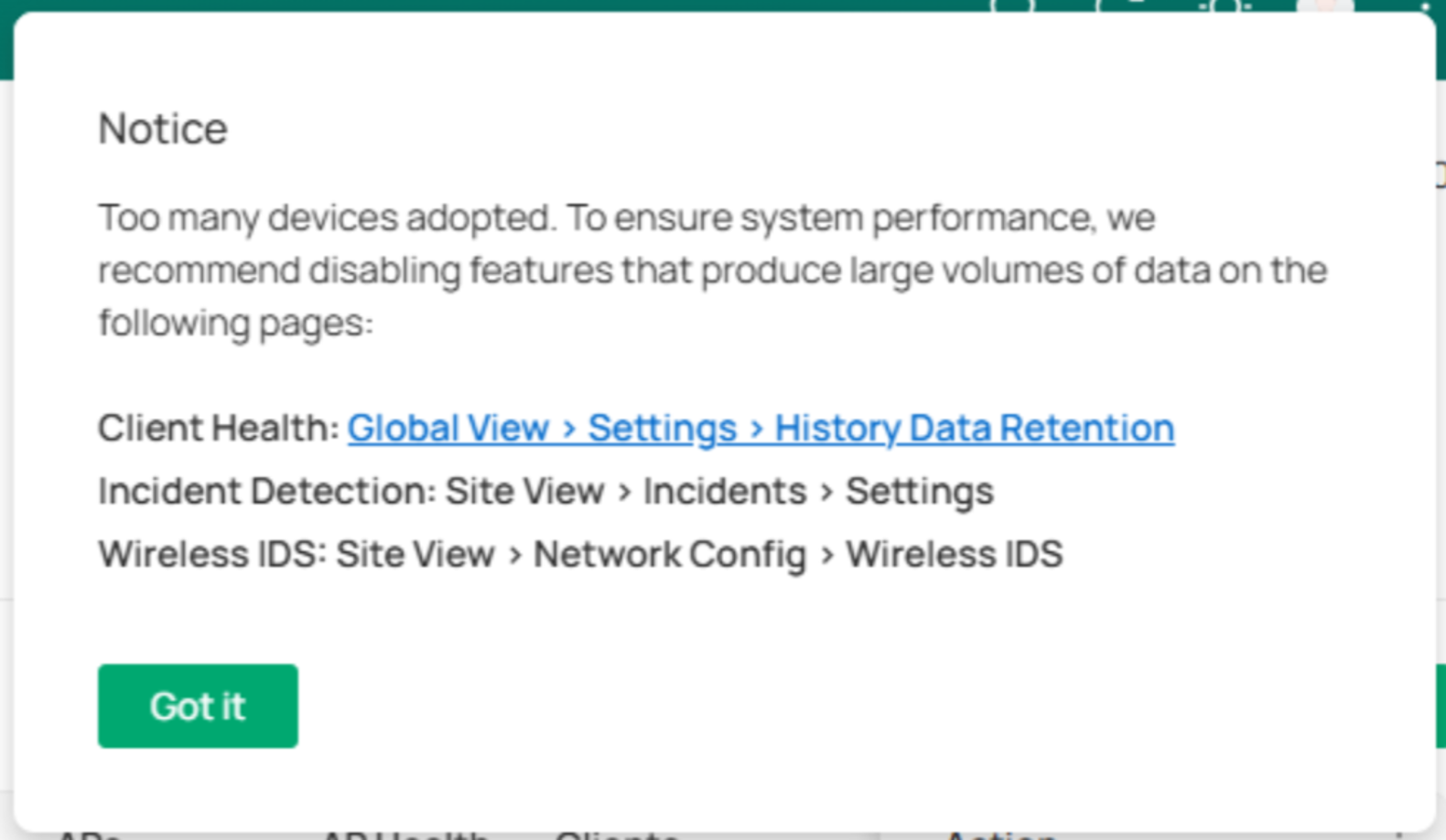 Controller pop-up windows showing a notice about excessive number of devices.