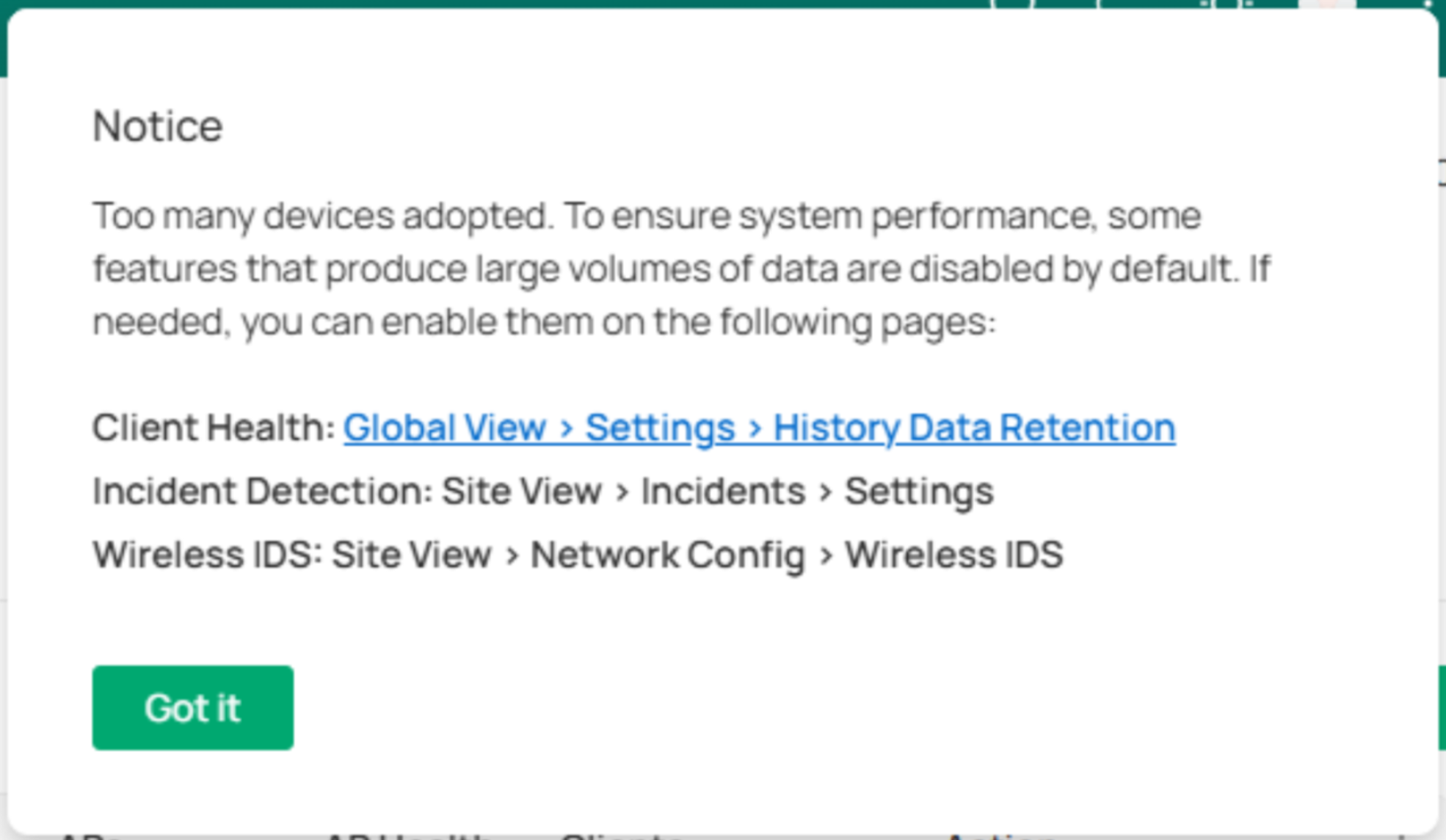 Controller pop-up windows showing a notice about excessive number of devices.