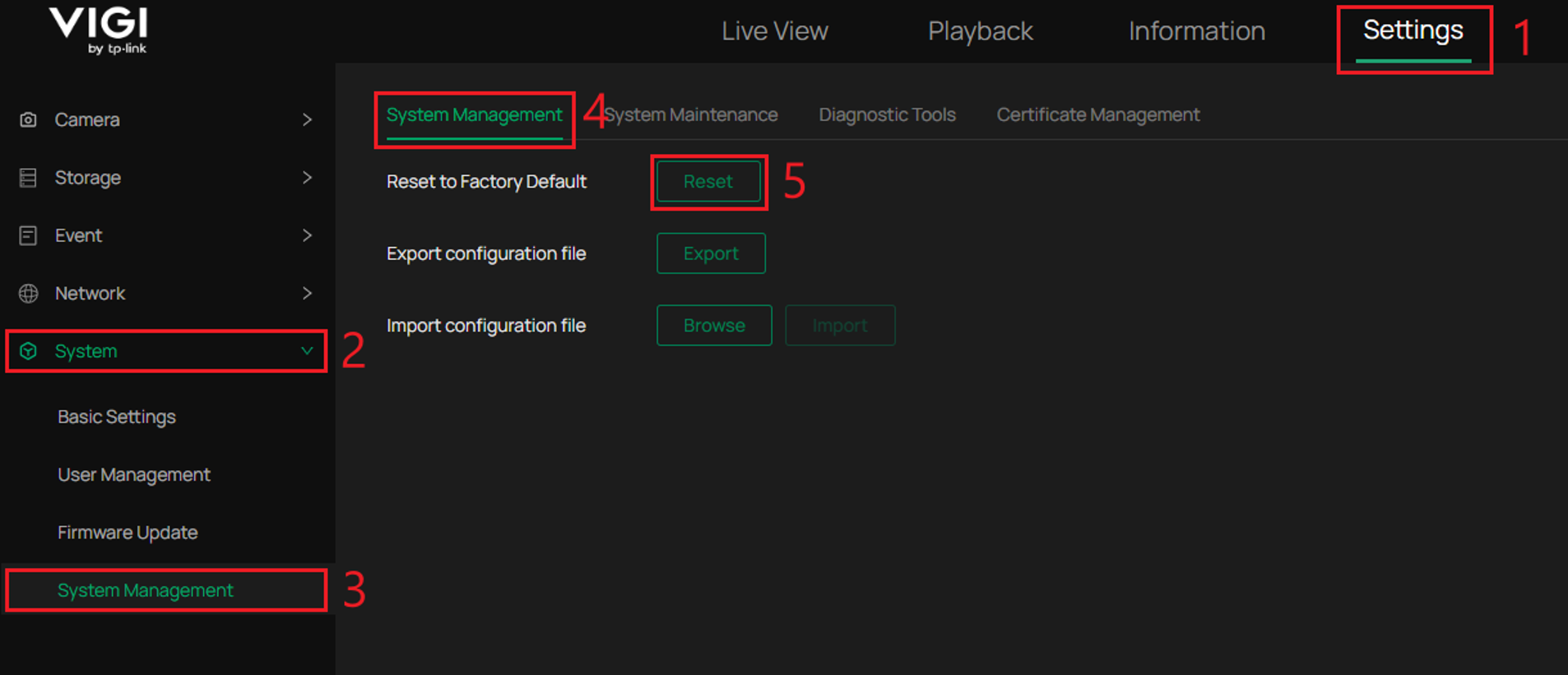 VIGI NVR WebUI System Management page showing the Reset option.