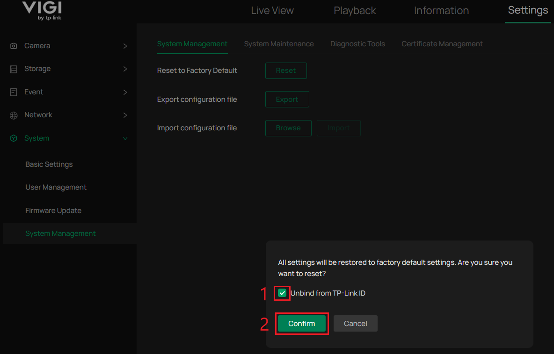 VIGI NVR WebUI reset confirmation showing Unbind from TP-Link ID and Confirm.