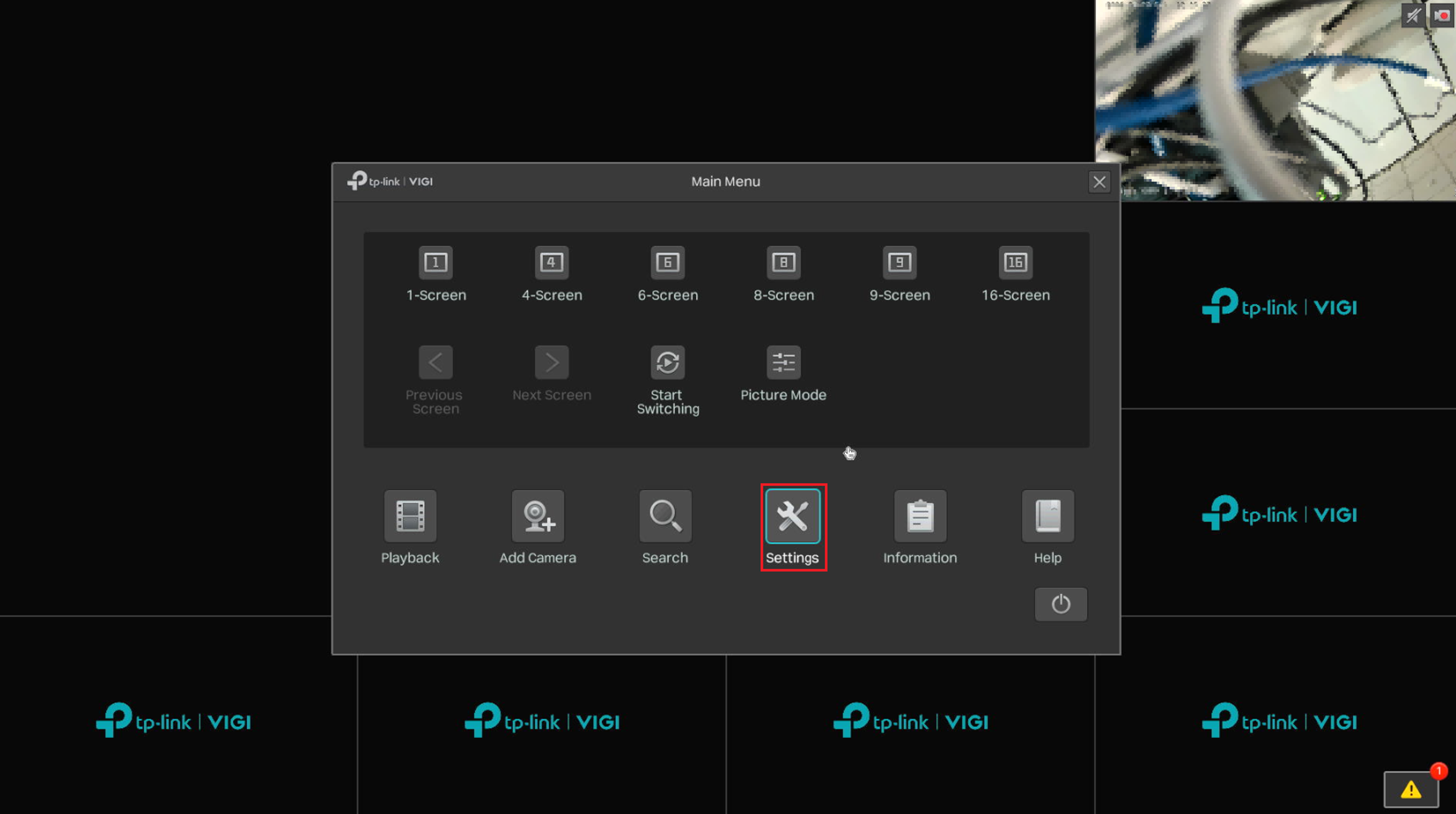 VIGI NVR local GUI Main Menu with Settings selected.