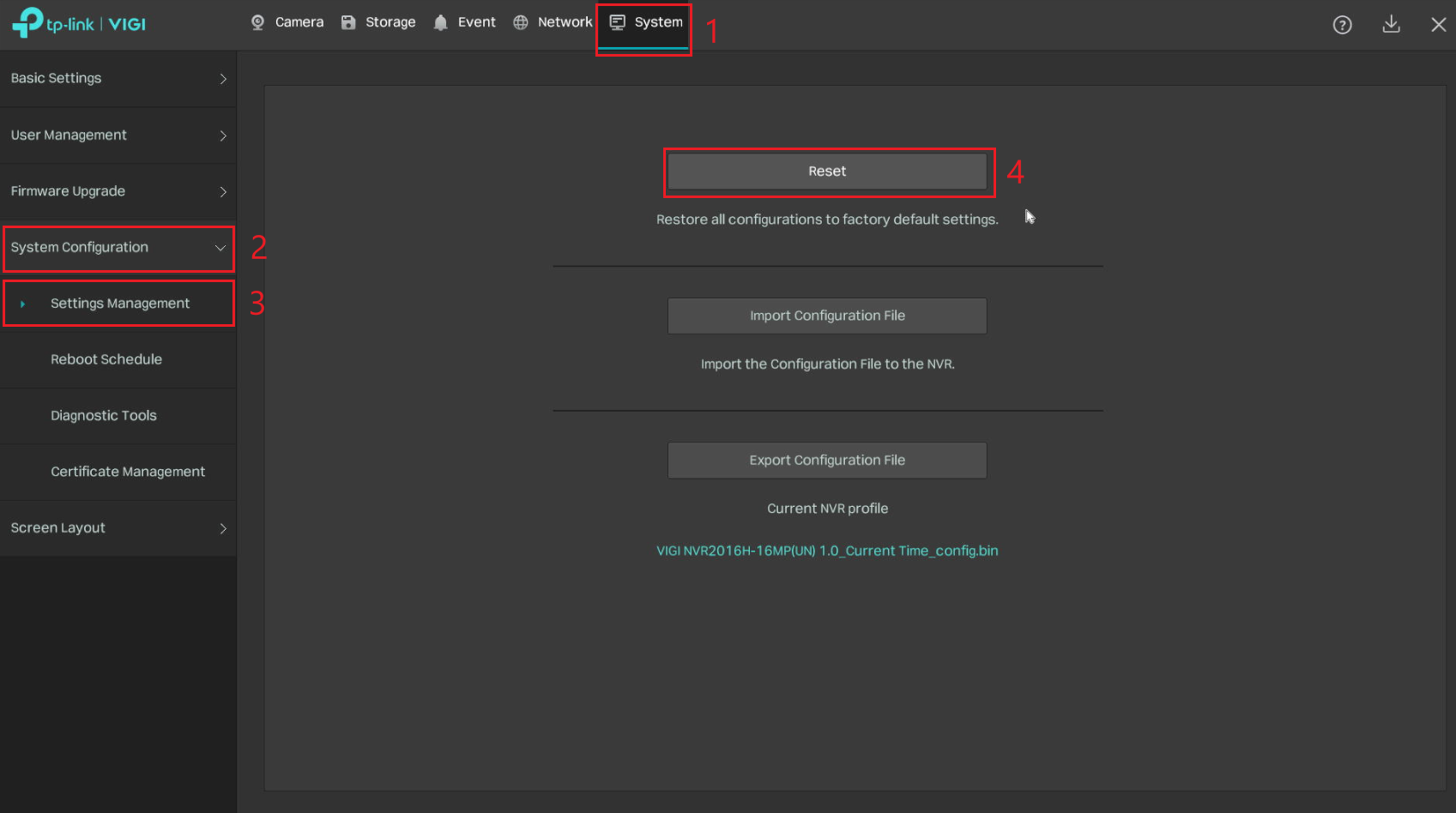 VIGI NVR local GUI Settings Management page showing the Reset button.