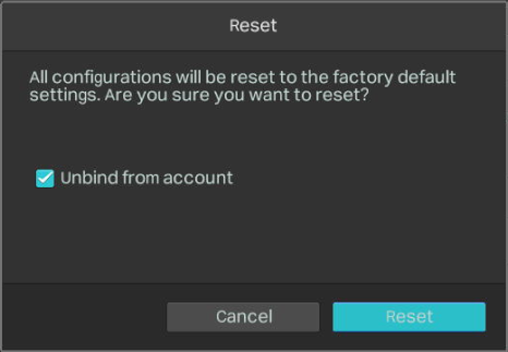 VIGI NVR local GUI reset confirmation showing Unbind from account and Reset.