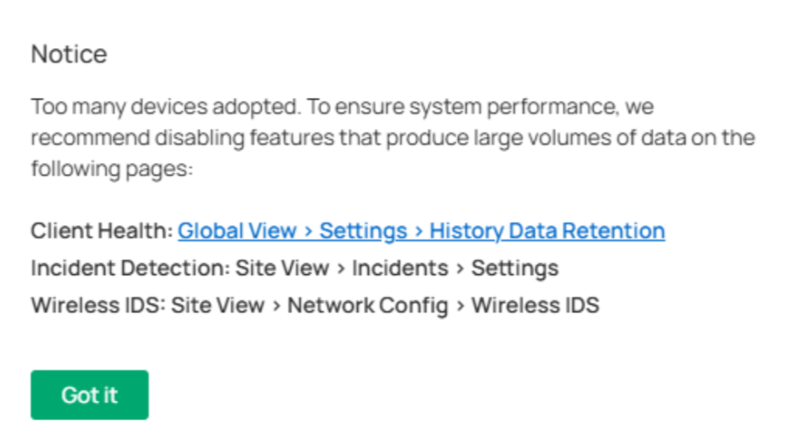 Controller pop-up windows showing a notice about excessive number of devices.