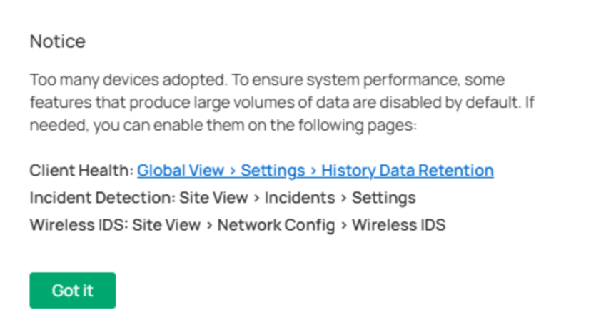 Controller pop-up windows showing a notice about excessive number of devices