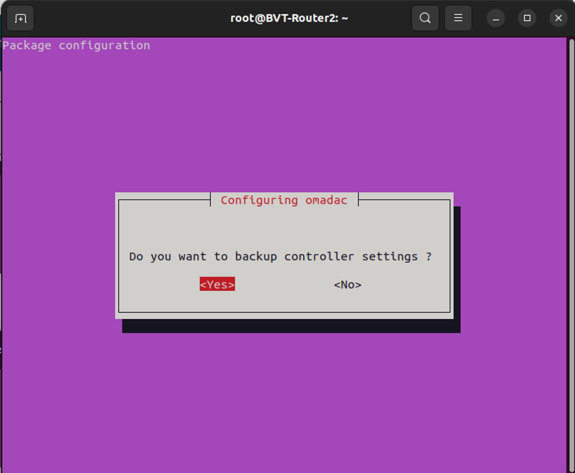 Omada Controller configuration dialog asking to back up controller settings, with Yes selected.