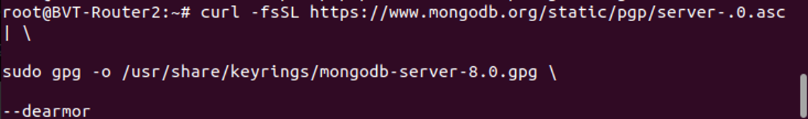 Terminal shows to import the MongoDB public GPG key.