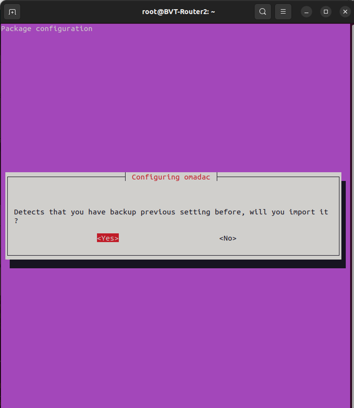 Omada Controller dialog asking to import previous backup settings, with Yes selected.