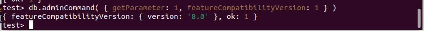 Terminal shows FeatureCompatibilityVersion:"8.0".