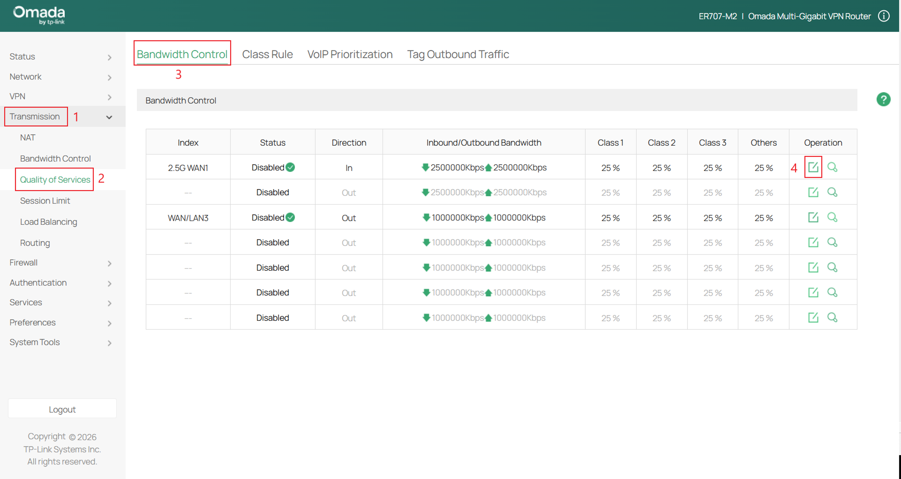 Navigate to Edit in the Bandwidth Control menu.