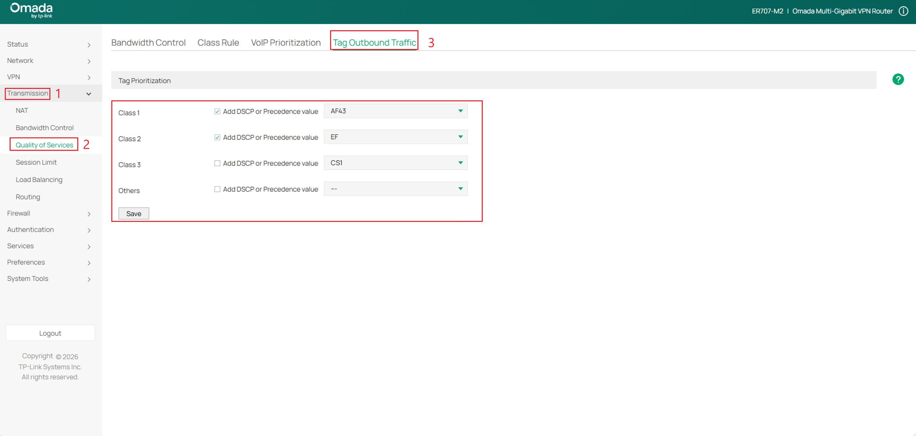 Fill in the parameters for tagging outbound traffic.