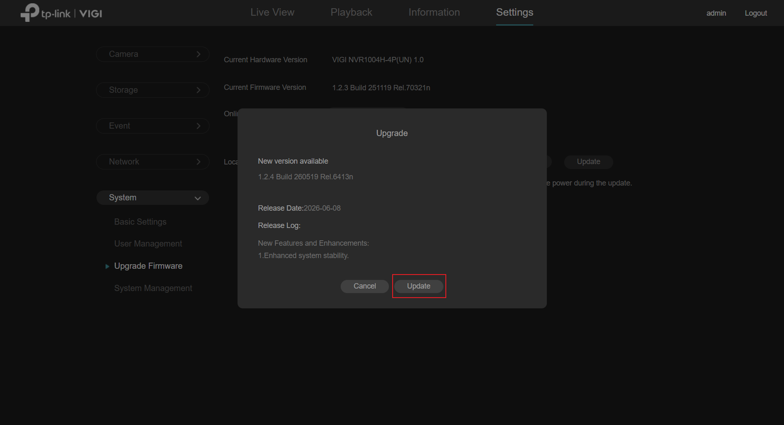 If the NVR is online and has an available upgrade.