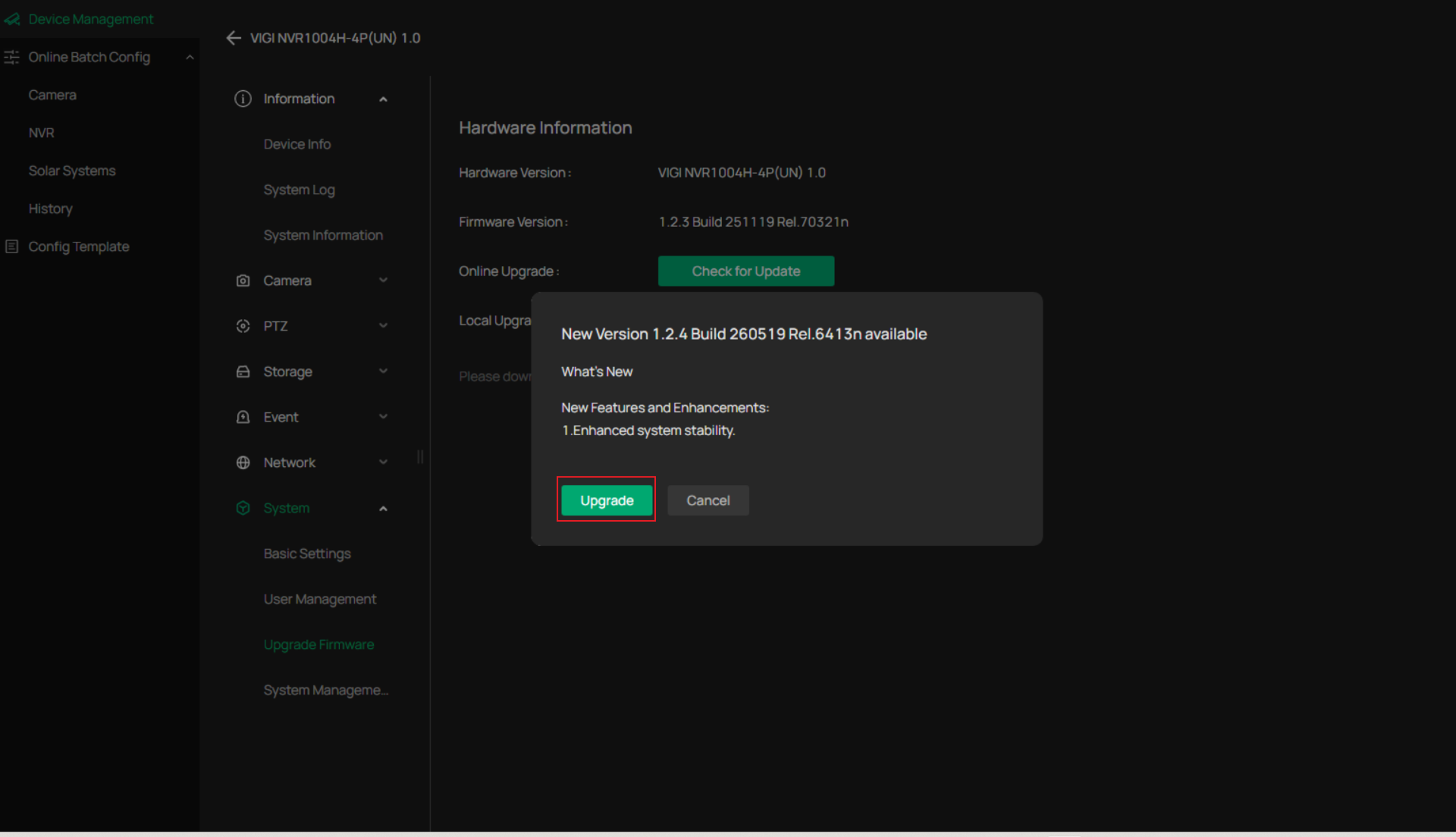 Upgrade option if the NVR is online and has an available upgrade.