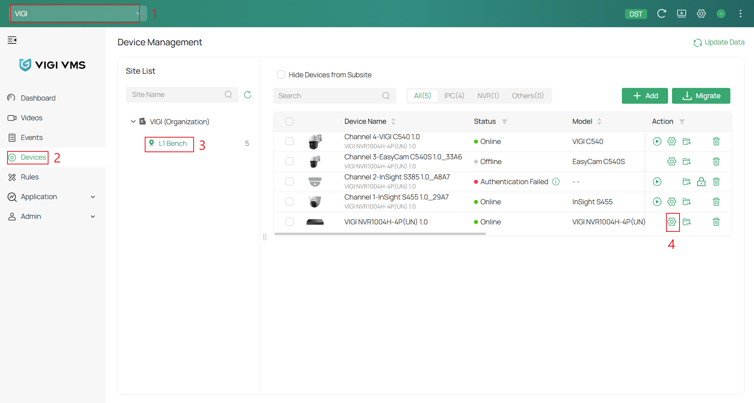 Navigate to the settings page of the NVR on VIGI Cloud VMS.