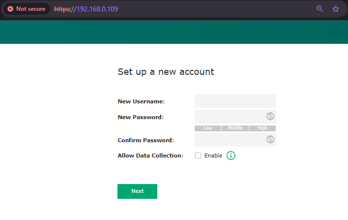 Local network device initial setup page for Bridge Main AP with input fields for Username, Password, Confirm Password, a Data Collection checkbox, and a Next button.