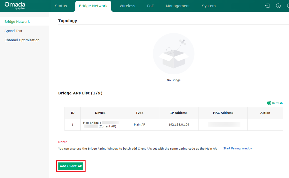 Configuration screen for Omada Bridge Network, displaying various network settings such as Wireless, PoE, and management options, with the current Main AP's details and a section to pair additional Client APs.