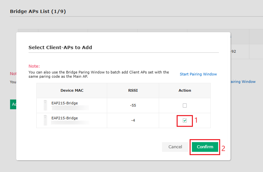 Bridge APs list, featuring a section to add client APs, and includes options for pairing and managing device settings.