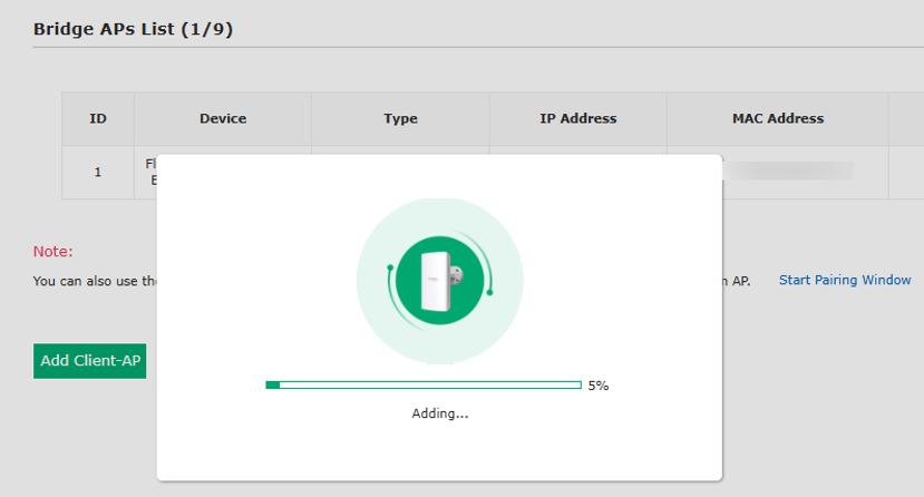 Network management interface displaying a bridge access point (AP) with details such as device type, IP and MAC addresses, and an option to add a client to the AP.