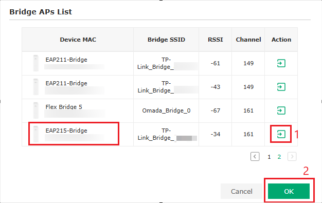List of wireless bridge devices, including their MAC addresses, SSIDs, RSSI values, and channels, with an option to cancel or continue.