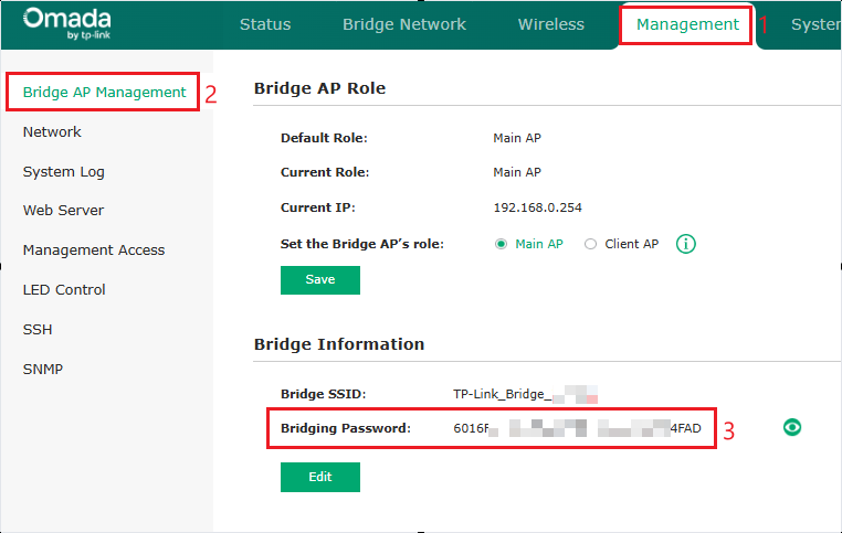 Interface for managing a Omada Bridge AP, displaying options for setting up roles, configuring network settings, and entering bridge credentials.