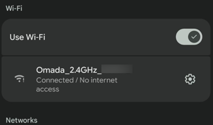 Mobile device's screen displaying a Wi-Fi connection status, indicating it's connected to Omada 2.4GHz network but has no internet access.