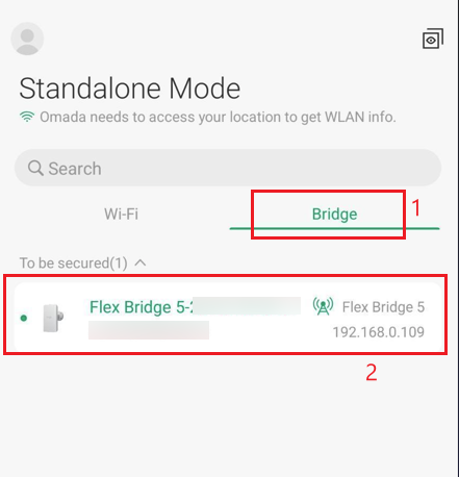 Mobile device's screen interface, showing a Wi-Fi connection setup with the Omada Flex Bridge, indicating it's in Standalone Mode, and displaying the IP address 192.168.0.109.