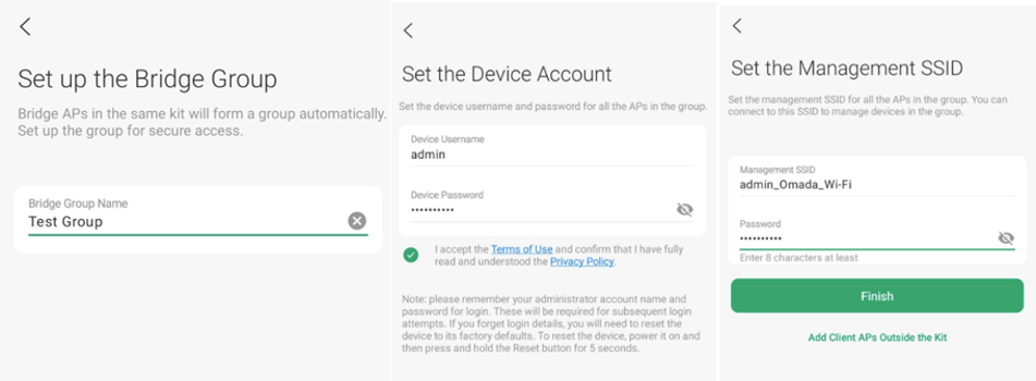 Setup steps when configuring Omada Bridge APs in Omada App in Standalone Mode.