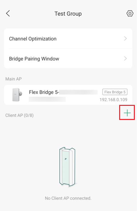 Test group interface on Omada App showing bridge pairing with no connected client APs.