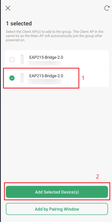 Omada App screen for selecting and pairing Client APs (Access Points) to join a bridge group.