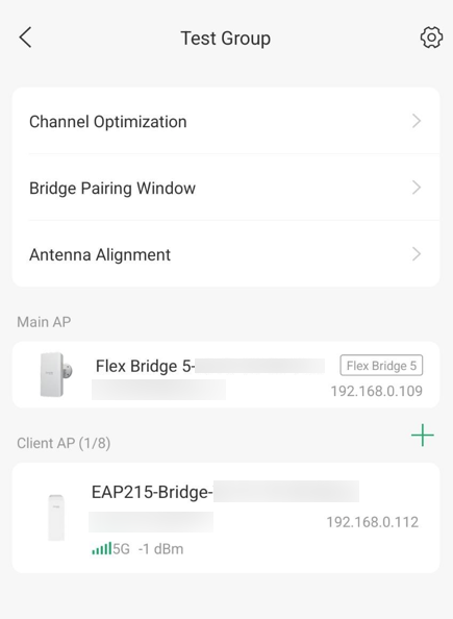 Network diagnostics page, showing various network configurations and statuses, including bridge pairing, antenna alignment, and channel optimization settings for an AP (Access Point) and multiple client APs.