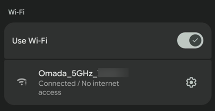Mobile device's screen displaying a Wi-Fi connection status, indicating it's connected to Omada 5GHz network but has no internet access.