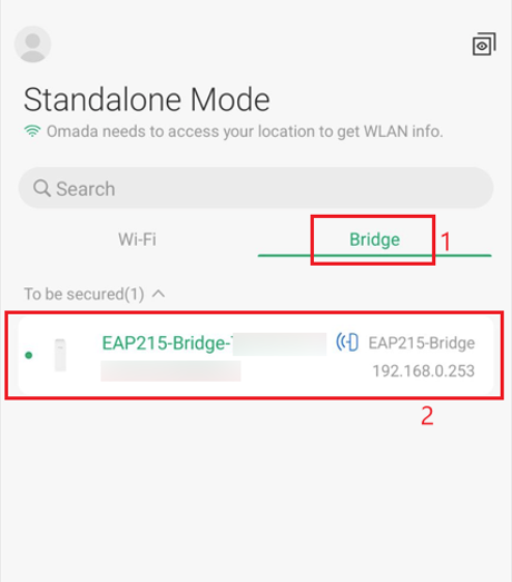 Mobile device's screen interface, showing a Wi-Fi connection setup with the EAP215 Bridge, indicating it's in Standalone Mode, and displaying the IP address 192.168.0.253.