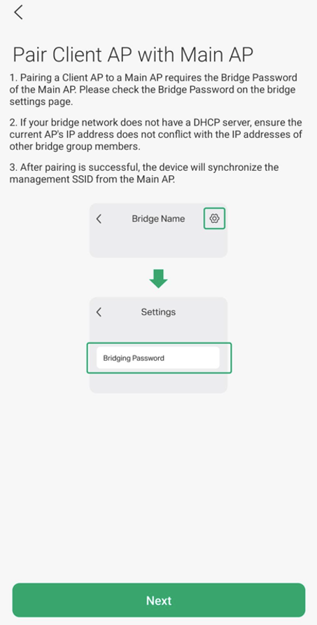 Step-by-step process for pairing a Client Access Point (AP) with a Main AP, including instructions for verifying the Bridge Password and ensuring no IP address conflicts.