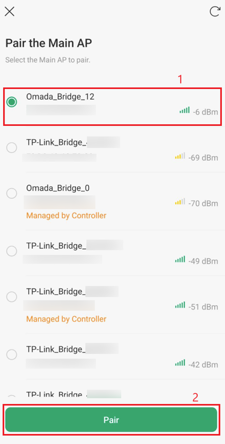 Network settings interface displaying Omada bridges, with their signal strengths, indicating pairing options.