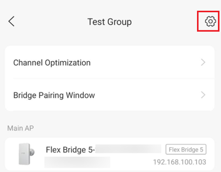 Omada app of 'Test Group' screen highlighting the gear/settings icon in the top right corner.